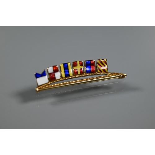 240 - A Signal flag bar brooch, reads: AUDREY, silver gilt and polychrome enamels, 4.5 cm , stamped silver... 