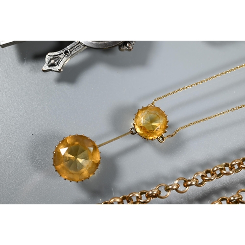 258 - A 9ct yellow gold belcher chain, approx 27.1g; a citrine claw set pendant on 9ct yellow gold fine tr... 