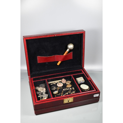 266 - A burgundy jewel case with lift out tray with a quantity of antique and later jewellery including a ... 