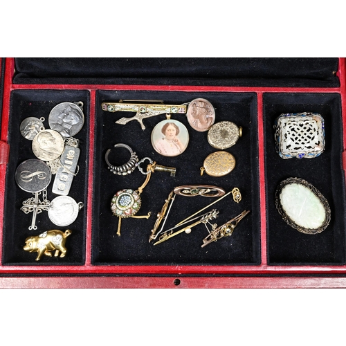 266 - A burgundy jewel case with lift out tray with a quantity of antique and later jewellery including a ... 