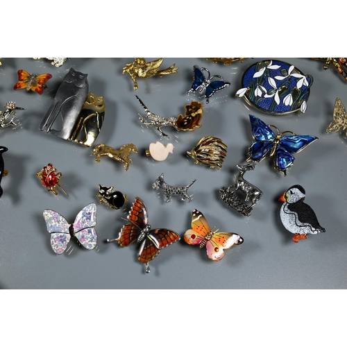 268 - Approx 40 various costume jewellery brooches including butterflies, cats, lizards, etc to/w a silver... 