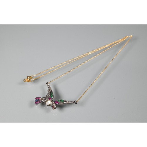 270 - A multigem-set pendant in the form of a dove with outstretched wings adorned with mixed cut diamonds... 