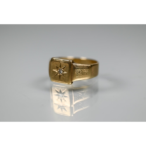 274 - A 9ct yellow gold signet ring with starburst set diamond, size S, approx 4.4g