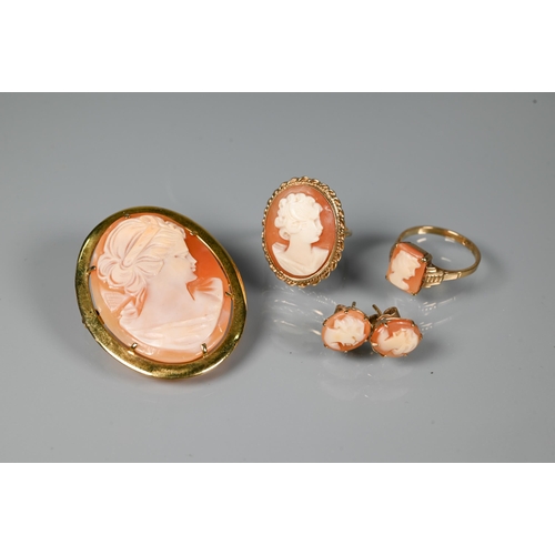 284 - An oval shell cameo carved with the head of a young lady, in 9ct yellow gold plain mount, two 9ct ye... 