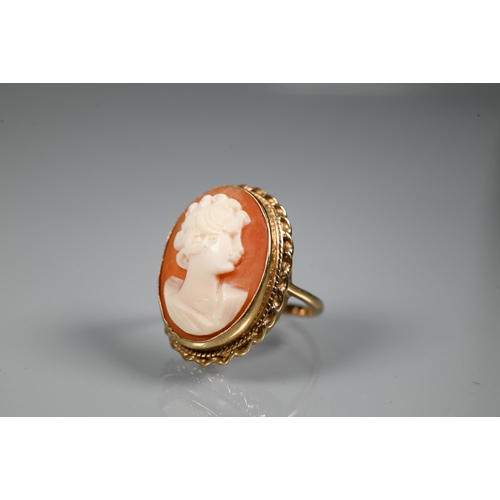 284 - An oval shell cameo carved with the head of a young lady, in 9ct yellow gold plain mount, two 9ct ye... 