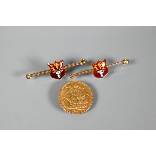 292 - A Victorian gold sovereign dated 1899 to/w two gold stick pins with polychrome enamelled shields fea... 