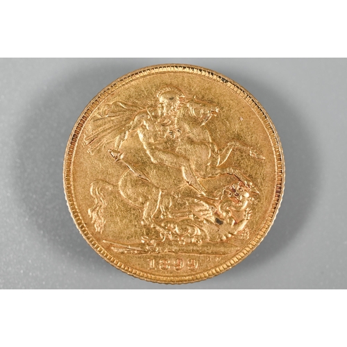 292 - A Victorian gold sovereign dated 1899 to/w two gold stick pins with polychrome enamelled shields fea... 