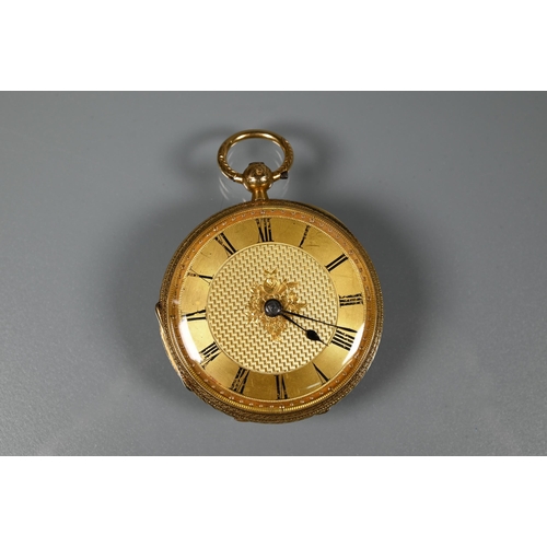 310 - An 18ct gold cased open face fob watch, London 1876, key wind movement with engine turned gilt dial,... 