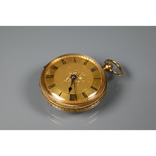 310 - An 18ct gold cased open face fob watch, London 1876, key wind movement with engine turned gilt dial,... 