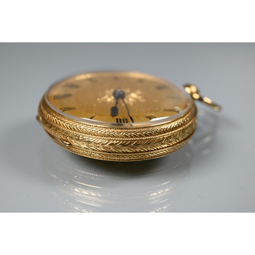 310 - An 18ct gold cased open face fob watch, London 1876, key wind movement with engine turned gilt dial,... 