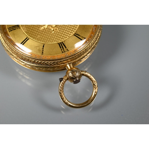 310 - An 18ct gold cased open face fob watch, London 1876, key wind movement with engine turned gilt dial,... 