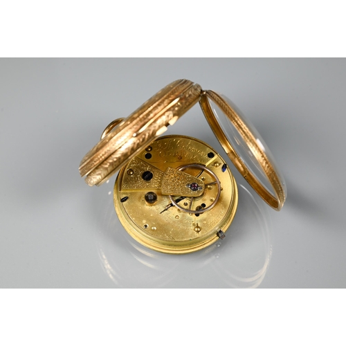 310 - An 18ct gold cased open face fob watch, London 1876, key wind movement with engine turned gilt dial,... 