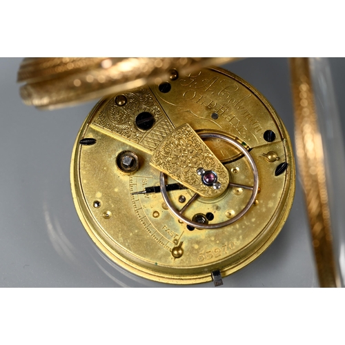 310 - An 18ct gold cased open face fob watch, London 1876, key wind movement with engine turned gilt dial,... 