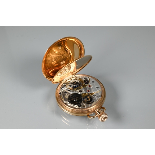 311 - A 9ct gold full hunter pocket watch, crown wind movement, the white enamelled dial with Arabic numer... 