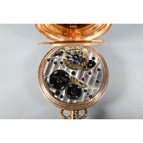 311 - A 9ct gold full hunter pocket watch, crown wind movement, the white enamelled dial with Arabic numer... 