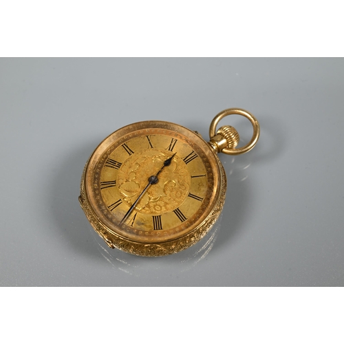 321 - A small 18K French pocket watch, with engraved gilt dial, crown wind, 33 mm dia., all-in 37.5g