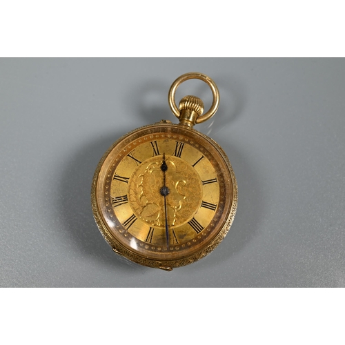 321 - A small 18K French pocket watch, with engraved gilt dial, crown wind, 33 mm dia., all-in 37.5g