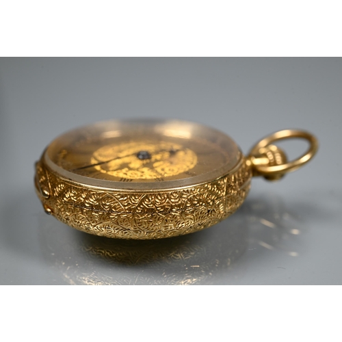 321 - A small 18K French pocket watch, with engraved gilt dial, crown wind, 33 mm dia., all-in 37.5g