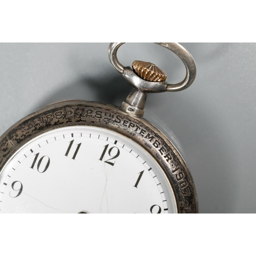 322 - A small Continental white metal cased repeating pocket watch engraved '1882-1907 28th September', to... 