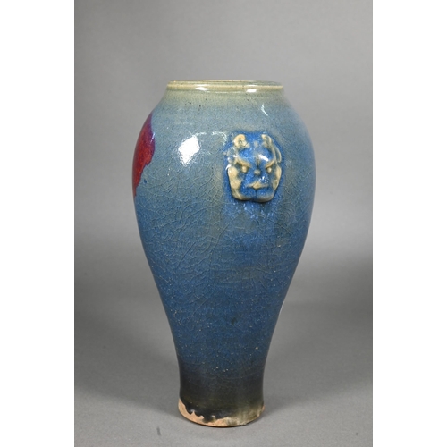 335 - A Chinese Junyao baluster vase with moulded taotie mask handles, opaque blue glaze with large irregu... 