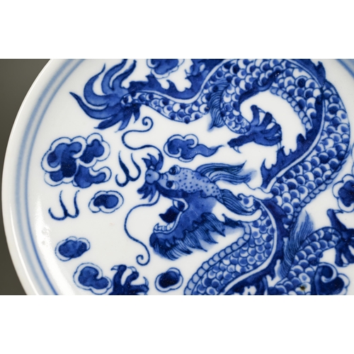 340 - A pair of Chinese blue and white circular stands or dishes, painted in underglaze blue with a dragon... 