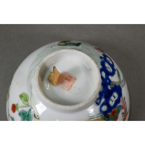 342 - A 19th century Chinese Wucai tea bowl painted with a phoenix, red-crowned crane, ducks and flowers i... 