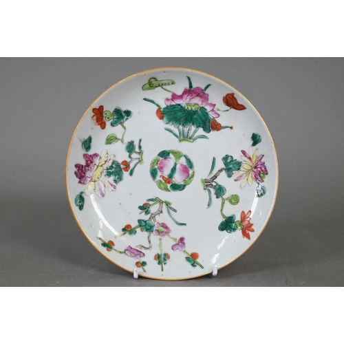 342 - A 19th century Chinese Wucai tea bowl painted with a phoenix, red-crowned crane, ducks and flowers i... 