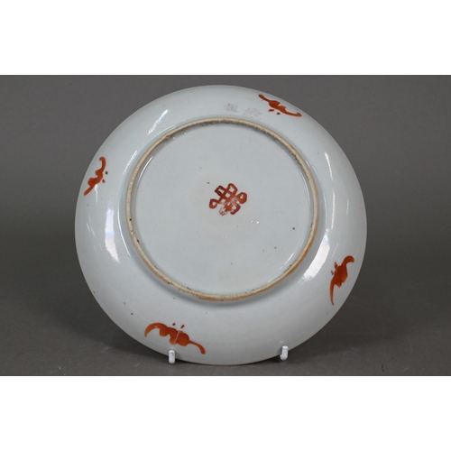 342 - A 19th century Chinese Wucai tea bowl painted with a phoenix, red-crowned crane, ducks and flowers i... 