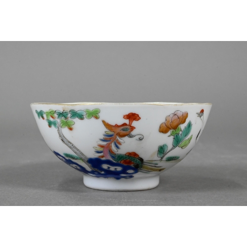 342 - A 19th century Chinese Wucai tea bowl painted with a phoenix, red-crowned crane, ducks and flowers i... 