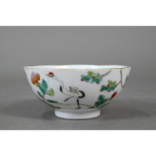 342 - A 19th century Chinese Wucai tea bowl painted with a phoenix, red-crowned crane, ducks and flowers i... 