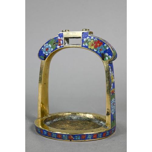 344 - A 19th century Chinese bronze cloisonne stirrup with floral decoration in polychrome enamels, late Q... 