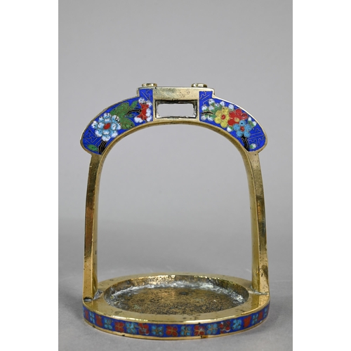 344 - A 19th century Chinese bronze cloisonne stirrup with floral decoration in polychrome enamels, late Q... 