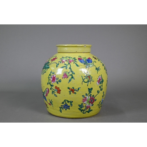 347 - A 19th century Chinese famille rose ginger jar and cover with lime-green glaze and decorated with bu... 