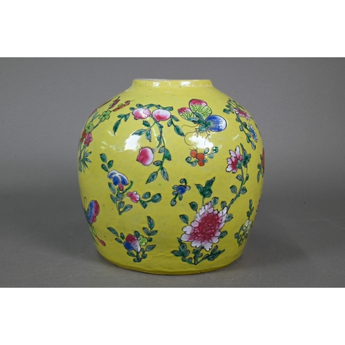 347 - A 19th century Chinese famille rose ginger jar and cover with lime-green glaze and decorated with bu... 