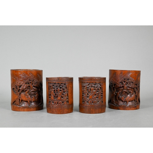 351 - Two pairs of late 19th or early 20th century Chinese bamboo brush pots, late Qing or Republic period... 