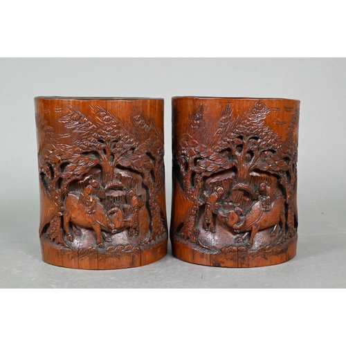 351 - Two pairs of late 19th or early 20th century Chinese bamboo brush pots, late Qing or Republic period... 