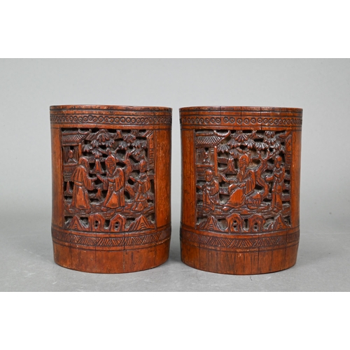 351 - Two pairs of late 19th or early 20th century Chinese bamboo brush pots, late Qing or Republic period... 