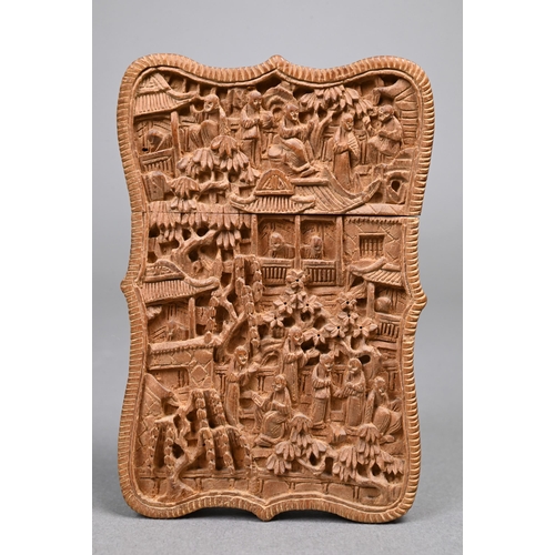 355 - A late 19th century Chinese Canton sandalwood card case, late Qing dynasty, profusely carved with a ... 