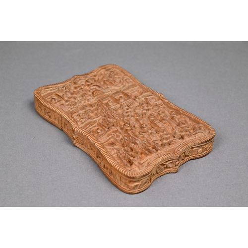 355 - A late 19th century Chinese Canton sandalwood card case, late Qing dynasty, profusely carved with a ... 