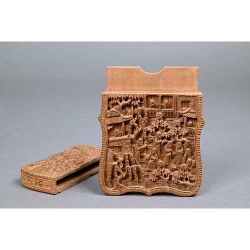 355 - A late 19th century Chinese Canton sandalwood card case, late Qing dynasty, profusely carved with a ... 