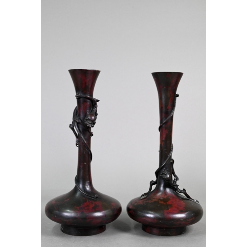 356 - A pair of 19th century Japanese murashido red-splashed bronze dragon vases with compressed globular ... 