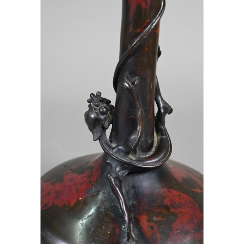 356 - A pair of 19th century Japanese murashido red-splashed bronze dragon vases with compressed globular ... 