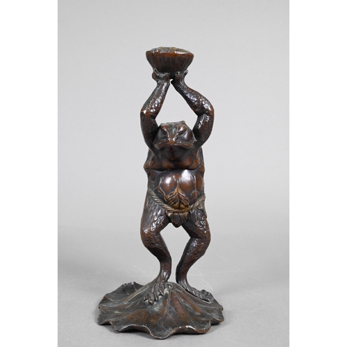 357 - Two 20th century Japanese spelter candlesticks modelled as Kappa, the reptilian kami/yokai from Japa... 