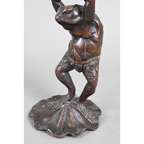 357 - Two 20th century Japanese spelter candlesticks modelled as Kappa, the reptilian kami/yokai from Japa... 