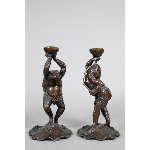 357 - Two 20th century Japanese spelter candlesticks modelled as Kappa, the reptilian kami/yokai from Japa... 