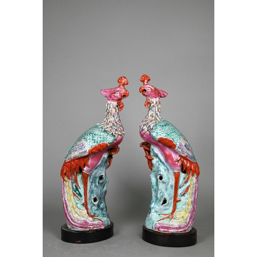 366 - A pair of 19th century Chinese export porcelain famille rose phoenix figures, well modelled standing... 