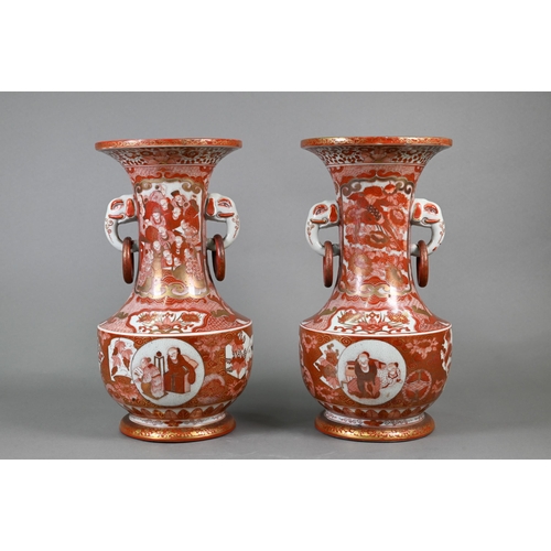 369 - A pair of 19th century Japanese Kutani vases, Meiji period (1868-1912) with elephant mask loose ring... 