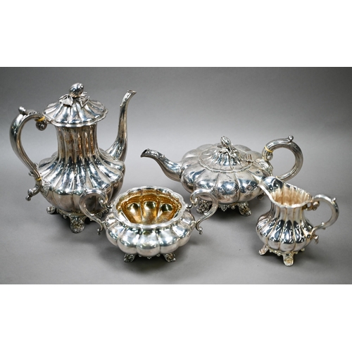 50 - An early Victorian silver four-piece tea/coffee service of melon form with melon finials, the scroll... 