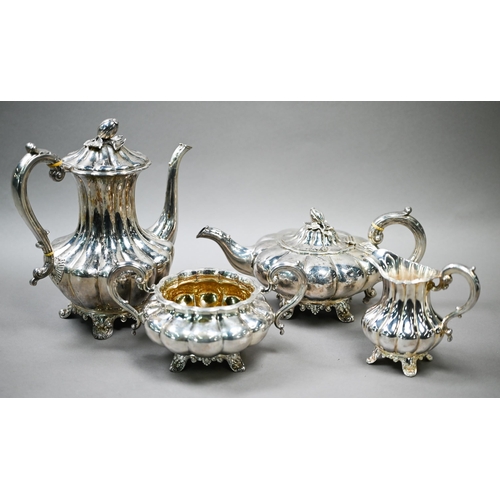 50 - An early Victorian silver four-piece tea/coffee service of melon form with melon finials, the scroll... 