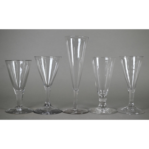 535 - Five various ale glasses with funnel bowls - one with conical foot and one with folded foot, 19 - 13... 